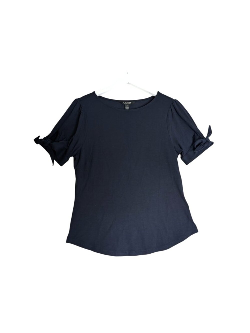 Lauren Ralph Lauren Navy Tie Knot-Sleeve Sz M Top Puff Sleeves Nautical - Picture 9 of 10